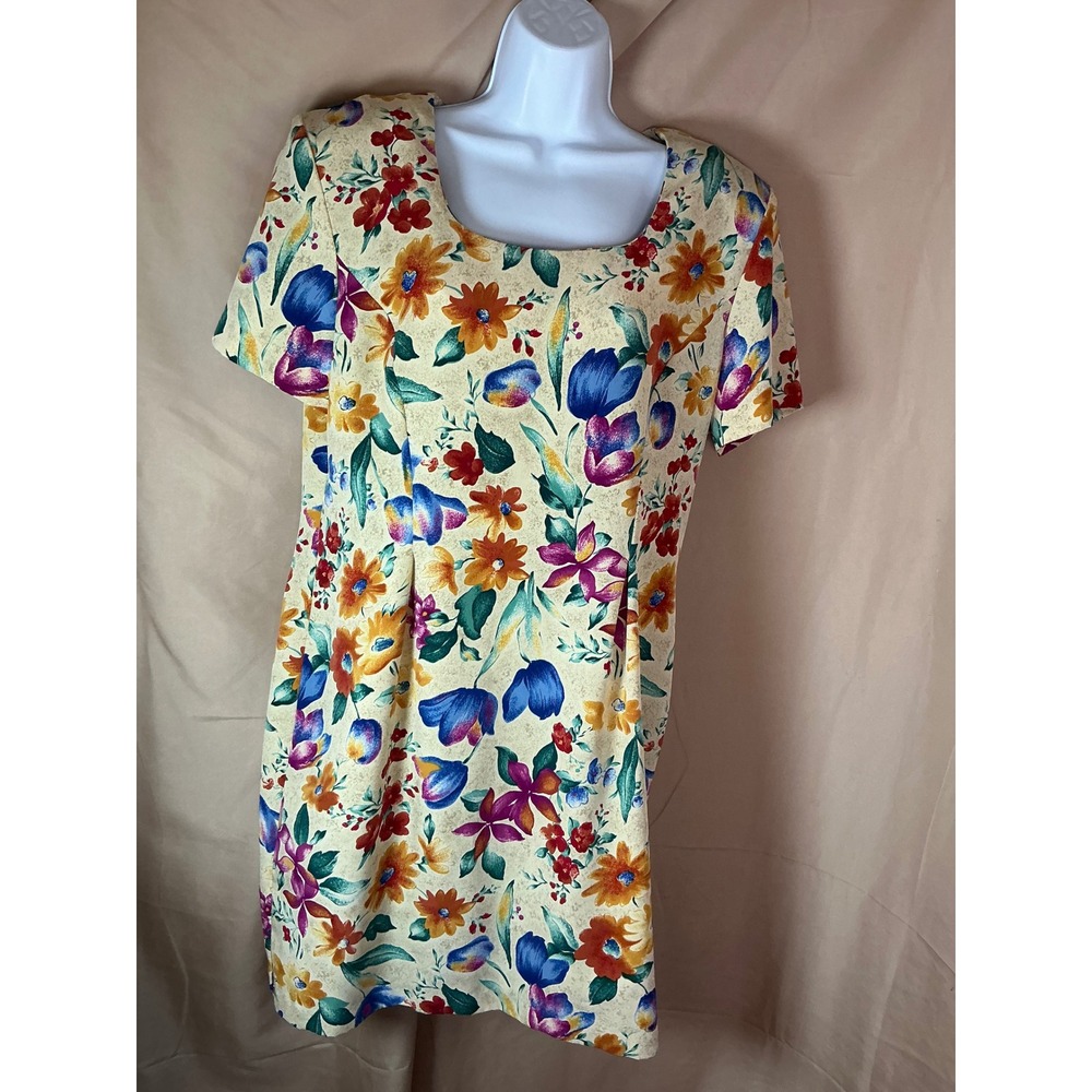 Sag Harbor Floral Shift Dress Womens 14P Cream Multi Excellent Short Sleeve Zip